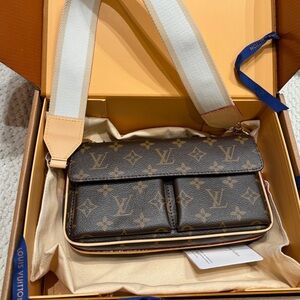 Louis Vuitton Monogram Canvas Double Pocket Crossbody in Brown with Beige Strap